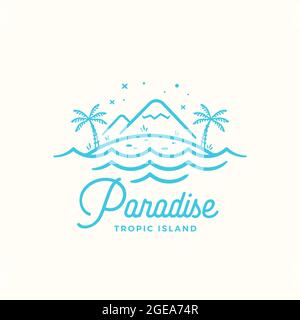Modèle d'étiquette, d'emblème ou de logo Paradise Vector. Style ligne Tropic Island avec plage, vagues, palmiers et paysage de montagnes. Isolé Illustration de Vecteur