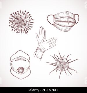 Jeu d'illustrations de vecteur de virus Corona dessinées à la main. Collection Doodle Sketches de masques de protection contre les bactéries et les masques respiratoires. Isolé Illustration de Vecteur