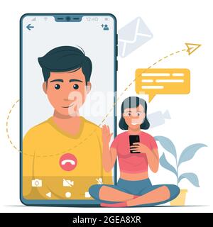 Conception vectorielle d'une femme avec mobile passer un appel vidéo à un ami. Deux amis parlent sur l'application d'appel vidéo Illustration de Vecteur