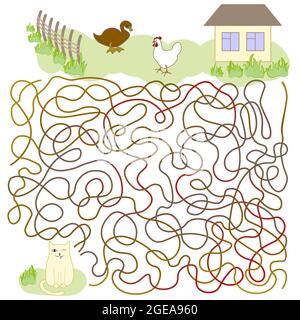Le labyrinthe des enfants trouve le chemin pour un chat à la maison Illustration de Vecteur