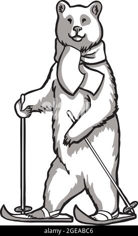Mascotte, ours sur skis, dessin noir et blanc, broderie, imprimé pour tissus. Illustration de Vecteur