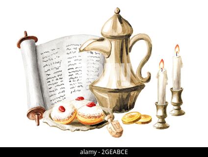 Fête juive Hanukkah concept, Torah, donut traditionnel, carafe, quelques pièces de monnaie et bougies. Illustration aquarelle dessinée à la main isolée sur fond blanc Banque D'Images