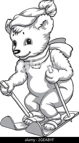 Mascotte, ours sur skis, dessin noir et blanc, broderie, imprimé pour tissus. Illustration de Vecteur