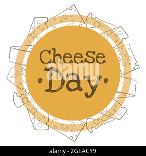 Design moderne pour étiquette de fromage. Autocollant jaune rond sur l'emballage des aliments. Cadre linéaire minimaliste avec fromages de différents types et variétés. Illustration de Vecteur