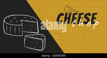 Design moderne avec logo, boutique de fromages. Modèle pour bannière, publicité, panneau de magasin, marché, en-tête de site, épicerie en ligne. Mise en page des réseaux sociaux Illustration de Vecteur