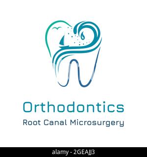 Modèle de logo de clinique dentaire avec contour des dents et concept des vagues de l'océan. Illustration de Vecteur