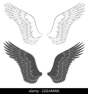 Jeu d'illustrations en noir et blanc avec ailes. Objets vectoriels isolés sur fond blanc. Illustration de Vecteur