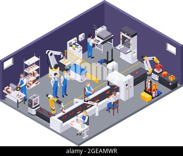 Chaussure production chaussures composition isométrique avec vue du département de production avec les installations de convoyeur manipulateur et travailleurs vecteur illustrateur Illustration de Vecteur