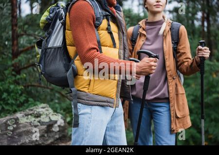 vue rognée d'une femme tenant des bâtons de randonnée et marchant avec un petit ami dans la forêt Banque D'Images