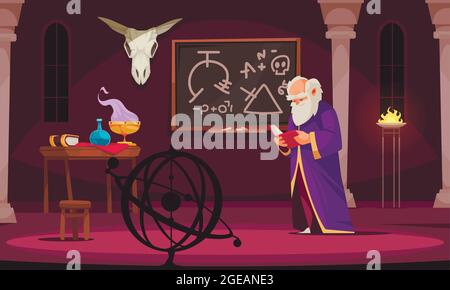 Ancien sorcier lisant le livre d'alchimie dans la chambre avec la table de tête de lit d'animal avec les outils alchimiques dessin animé vecteur illustration Illustration de Vecteur