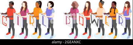 International femmes composition isométrique de jour avec des personnages féminins de différentes couleurs debout dans la ligne tenant des placards illustration vectorielle Illustration de Vecteur