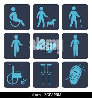 accessibilité pour les personnes handicapées neuf icônes Illustration de Vecteur