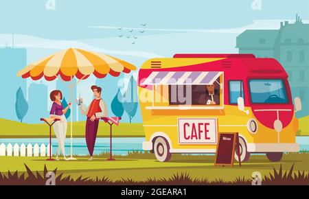 Street café bus dans le parc de la ville composition de dessin animé avec jeune couple appréciant des boissons rafraîchissantes illustration vectorielle extérieure Illustration de Vecteur