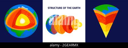 Concept de conception de structure de terre ensemble de trois icônes carrées de couleur avec des couches de coupe transversale illustration vectorielle isométrique Illustration de Vecteur