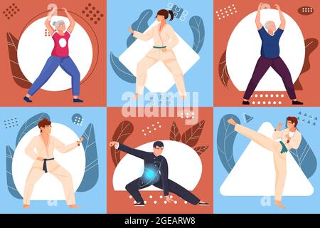 Arts martiaux compositions Flat Set avec des personnes de différents âges dans le sport porter exécutant divers exercices illustration vectorielle Illustration de Vecteur