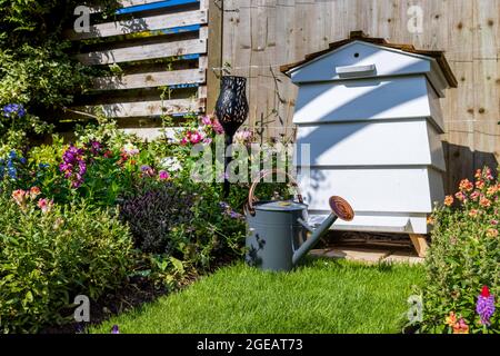 Jardin de style cottage avec ruches et lumières de jardin Banque D'Images