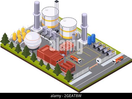 Composition isométrique de l'industrie pétrolière avec vue de la zone d'usine avec illustrations vectorielles de citernes et de camions Illustration de Vecteur