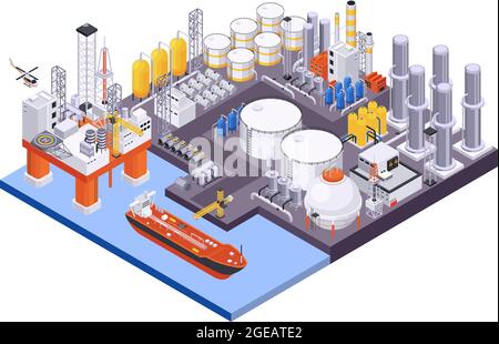 Industrie pétrolière composition isométrique avec vue du port maritime avec usine de traitement du pétrole et illustration du vecteur de plate-forme Illustration de Vecteur