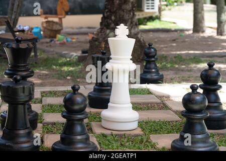 Grand jeu d'échecs avec le roi blanc entouré de pièces noires Banque D'Images