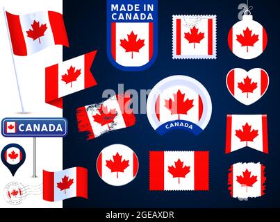 collection de vecteurs de drapeaux du canada. grand ensemble d'éléments de conception de drapeaux nationaux de différentes formes pour les fêtes publiques et nationales, de style plat. Marque de poste, Illustration de Vecteur