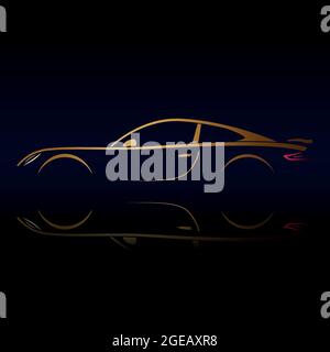 Silhouette de véhicule de sport jaune sur fond noir avec reflet. Illustration vectorielle. Illustration de Vecteur
