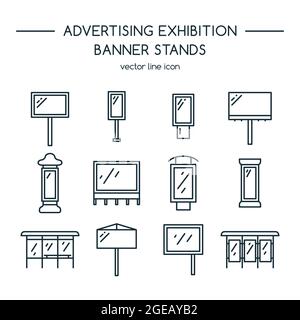 Panneaux publicitaires et affichage de bannières, stands d'exposition. Icônes de ligne définies. Illustration de Vecteur