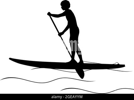 Silhouette boy rameur stand up paddleboard. Sports nautiques, surf SUP. Symbole d'icône d'illustration Illustration de Vecteur