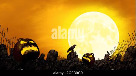 Arrière-plan orange clair de lune d'Halloween et bordure de la saison d'automne avec des monstres citrouilles à la citrouille et à la citrouille en forme de citrouille et à la citrouille avec des éléments d'illustration en 3D. Banque D'Images