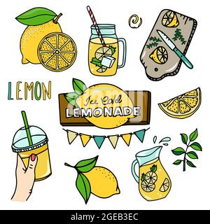 Set d'été avec limonade et ses ingrédients. Citron, tranche de citron, pichet, verre. Boissons à emporter, commerce de limonades Illustration de Vecteur