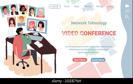 Personnages de dessin animé à l'aide de la communication de conférence de messagerie vidéo en ligne, vecteur de page d'arrivée concept Illustration de Vecteur