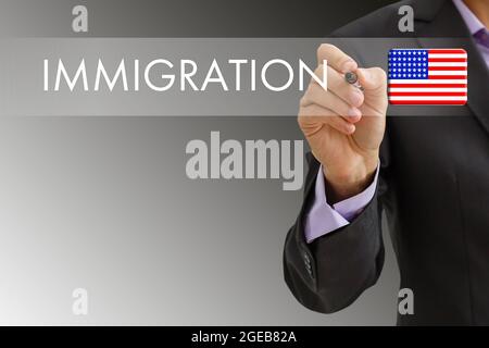 Concept de l'immigration aux États-Unis avec bouton virtuel d'appui Banque D'Images