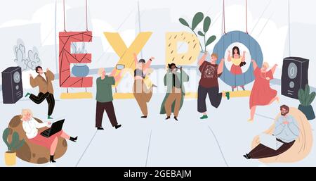 Personnages de dessin animé et grands caractères de texte « expo », concept d'illustration vectorielle Illustration de Vecteur