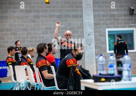 Fernando Munoz (C), entraîneur-chef belge, photographié lors d'un match de volley-ball amical entre l'équipe nationale de volley-ball masculine belge, les Dragons rouges Banque D'Images