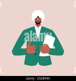 Un gars avec une barbe dans un turban dans un costume d'affaires tient un dossier avec des documents et montre un pouce vers le haut. Illustration vectorielle plate colorée sur isolée Illustration de Vecteur
