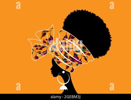 Portrait belle femme africaine en turban traditionnel motif tribal fait à la main fleurs de mariage, tête Kente envelopper africain avec des boucles d'oreilles ethniques, wome noir Illustration de Vecteur
