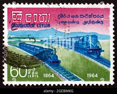 SRI LANKA - VERS 1964: Un timbre imprimé au Sri Lanka montre les trains de chemin de fer, Centenaire de Ceylonese Railroads, vers 1964 Banque D'Images