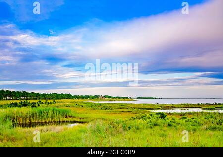 Pelican Peninsula est en photo, le 12 août 2021, à Dauphin Island, Alabama. L'île de la barrière abrite 1,238 résidents toute l'année. Banque D'Images