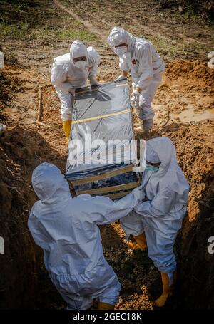 Kendari, Sulawesi du Sud-est, Indonésie. 18 août 2021. Les agents de santé ont placé la caisse contenant le patient Covid-19 dans la tombe. (Credit image: © Andry Denisah/ZUMA Press Wire) Banque D'Images