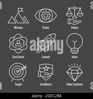 Ensemble d'icônes Mission Vision et valeurs avec icônes fusée, idées et objectifs Illustration de Vecteur