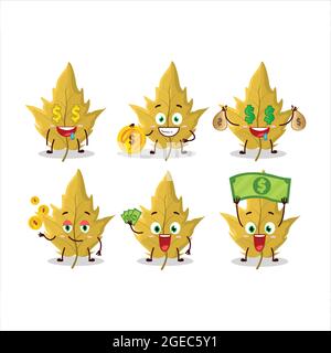 Personnage de dessin animé feuille jaune érable avec émoticône mignon apporter de l'argent. Illustration vectorielle Illustration de Vecteur