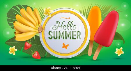 Modèle de bannière Hello Summer avec crème glacée à la popsicle, banane pour bébé et feuilles de palmier. Badge typographique. Vecteur Illustration de Vecteur