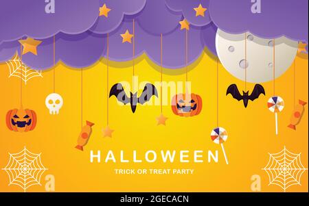 joyeux halloween avec bannière décorative suspendue. fond halloween avec tête de mort suspendue, citrouille, filet d'araignée, bonbons, lune, illustration du vecteur étoile Illustration de Vecteur