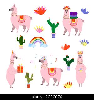 ensemble de jolis lamas de dessin animé, vecteur isolé sur un fond blanc Illustration de Vecteur