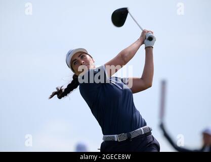 Leven, Royaume-Uni. 15 août 2021. Kelsey MacDonald (Écosse) sur le 5e tee lors de la finale au Trust Golf Women's Scottish Open à Dumbarnie Links, Leven, Fife, Écosse. Crédit: SPP Sport presse photo. /Alamy Live News Banque D'Images