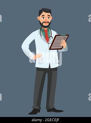 Médecin tenant le comprimé de papier. Homme de style dessin animé. Illustration de Vecteur