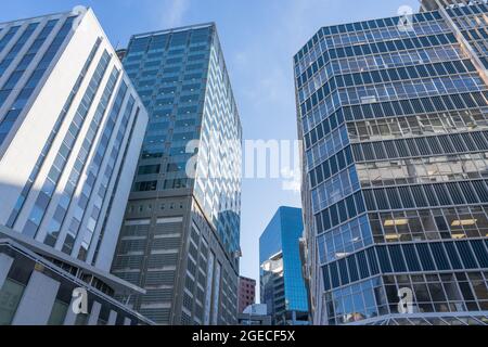 Vue de la rue vers le haut à travers les lignes convergentes et les fenêtres des immeubles de la ville en hauteur à Wellington, en Nouvelle-Zélande Banque D'Images