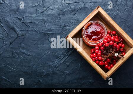 Pot en verre avec confiture et baies de viburnum Banque D'Images