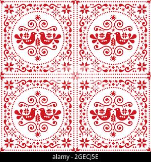 Motif vectoriel d'art folklorique de Noël sans coutures avec oiseaux, arbres de Noël et flocons de neige, motif textile scandinave ou imprimé en tissu Illustration de Vecteur