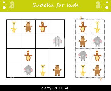 Sudoku pour enfants. Feuille de travail de développement de l'éducation. Page d'activité avec photos. Jeu de puzzle pour enfants. Animaux de jeu. Illustration de Vecteur