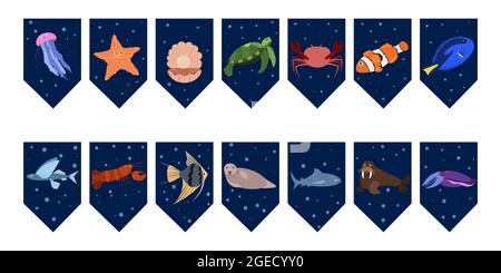 Drapeaux guirlande pour la fête d'anniversaire avec des animaux de mer sur fond bleu foncé coloré. Méduse, tortue et crabe, requin. Illustration enfant dessinée à la main. Ensemble de conception de banderoles vectorielles. Illustration de Vecteur